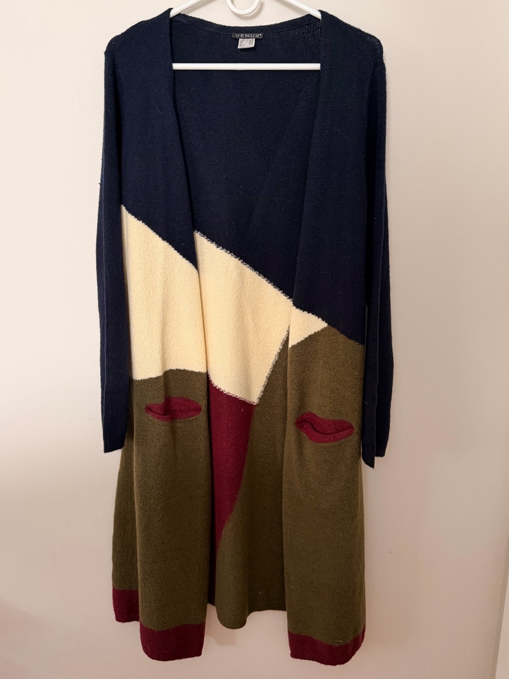 Navy, Cream, Olive & Burgundy Colorblock Cardigan
